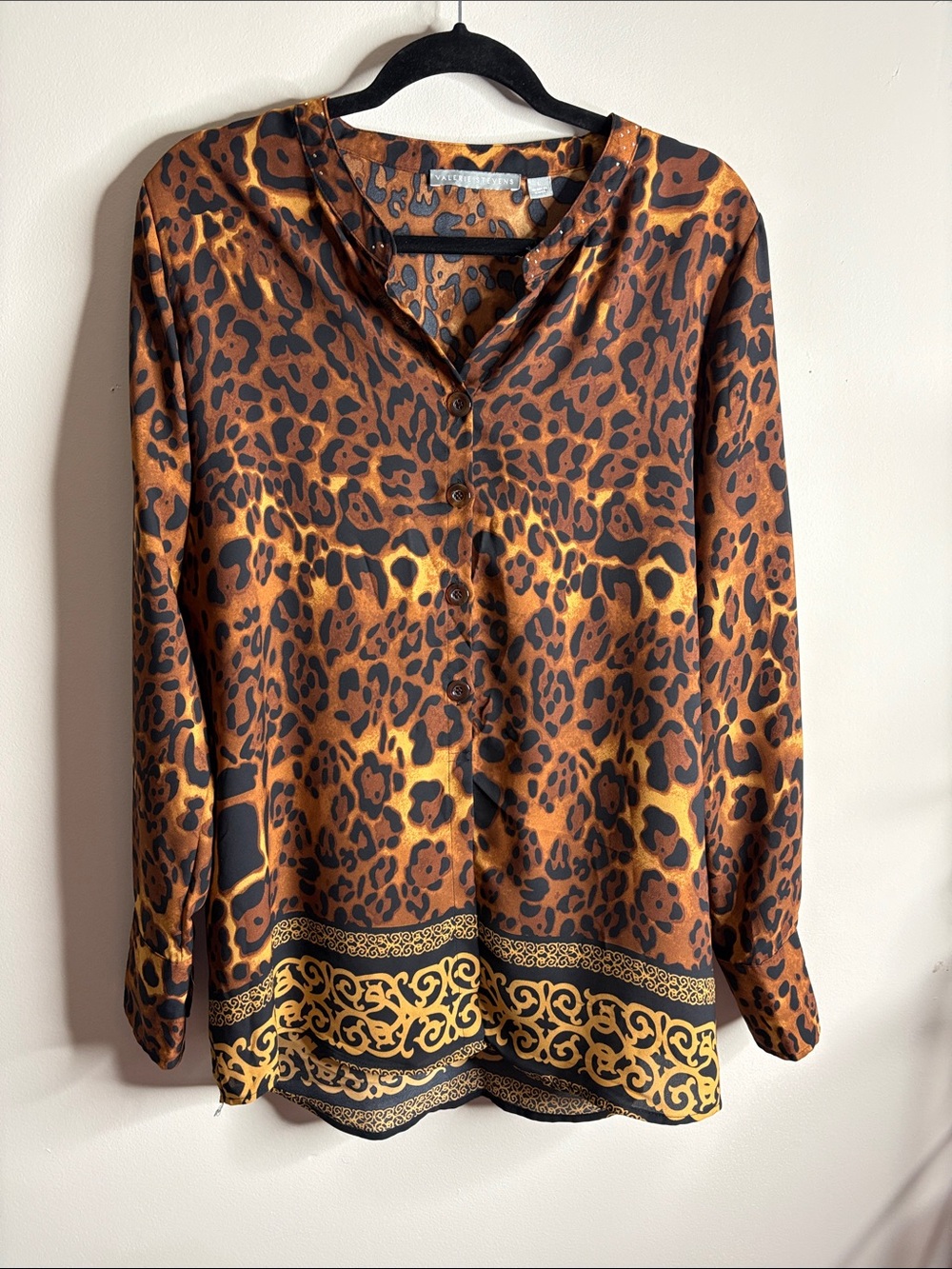 Valerie Stevens Leopard-Print Satin Button Front Blouse - Brown/Gold